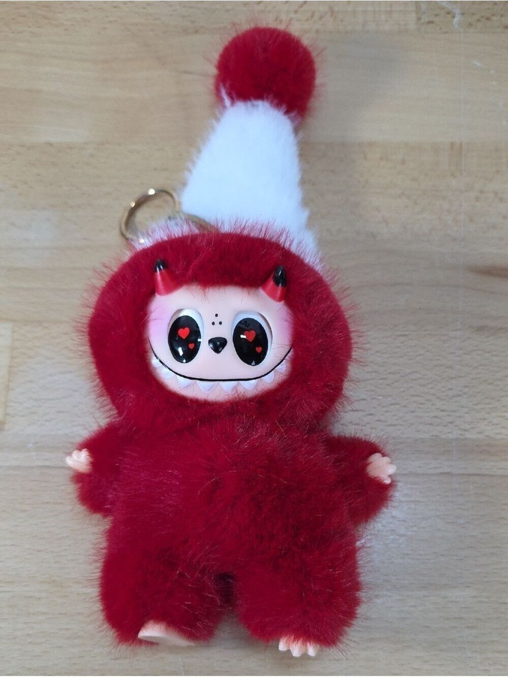 Red Furry Monster Keychain with White Pom Hat